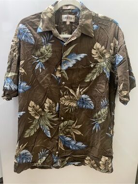 Campia Moda Short Sleeve Mens Button Up Size M Floral Hawaiian Brown Blue Rayon